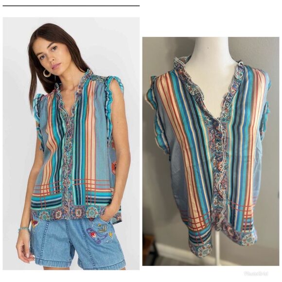 Johnny Was Tops - Johnny Was Ophelia Silk Striped Printed Flowy Oversized Blue Blouse Size S